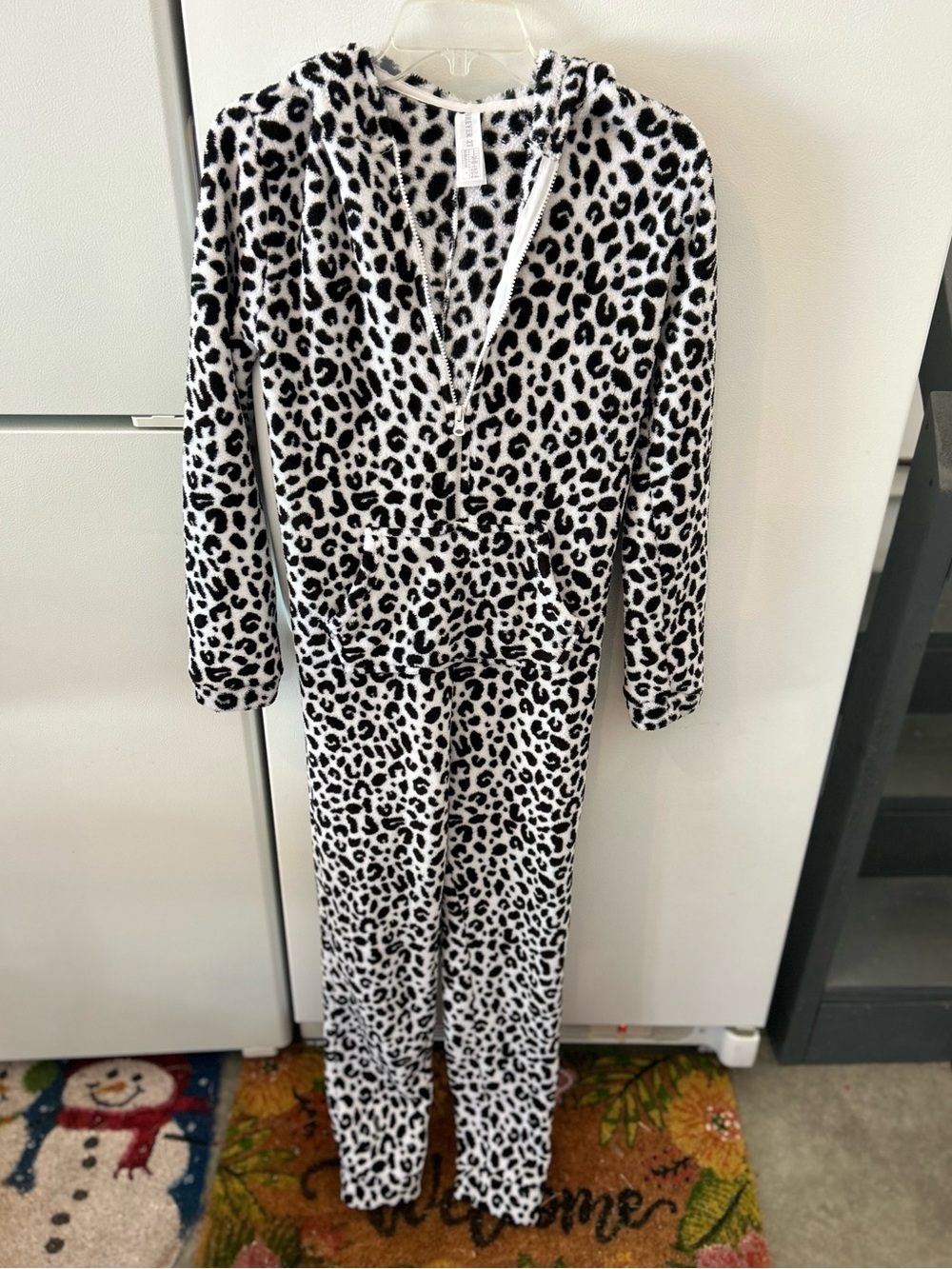 Forever 21 fleece animal print zip up onesie with hood, size small